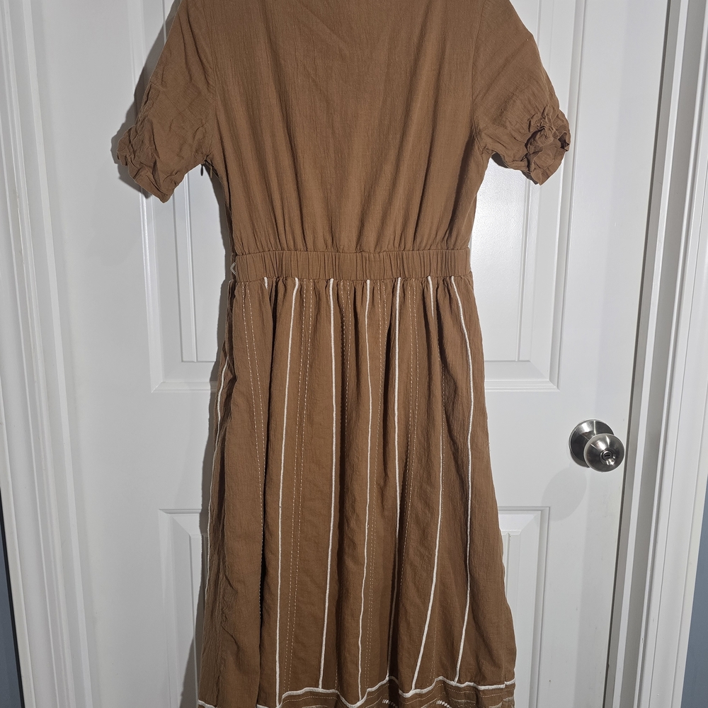 ROOLEE Brown Embroidered Midi Dress Small Boho Cottagecore Prairie Cotton Lined - Picture 5 of 9